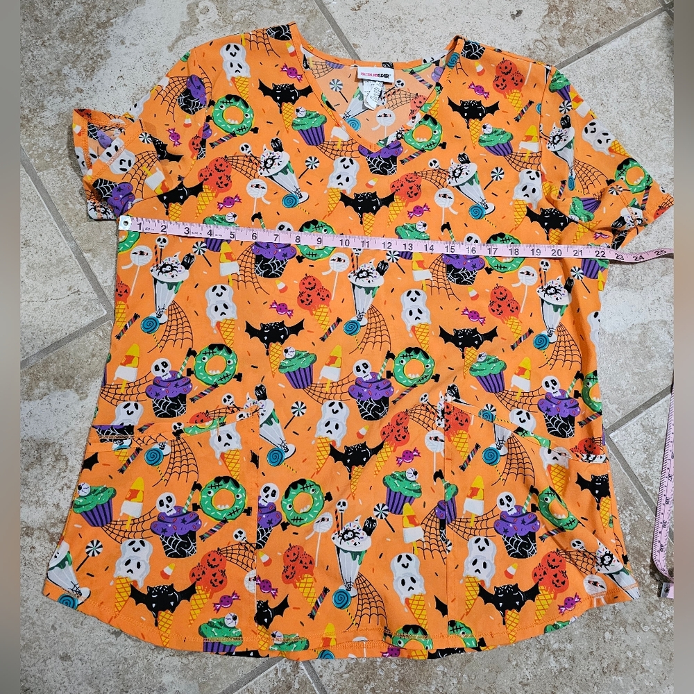 Scrubstar Women’s L Halloween Scrub Top Orange Ghost Bat Pumpkin Print 2 Pockets - Picture 5 of 6